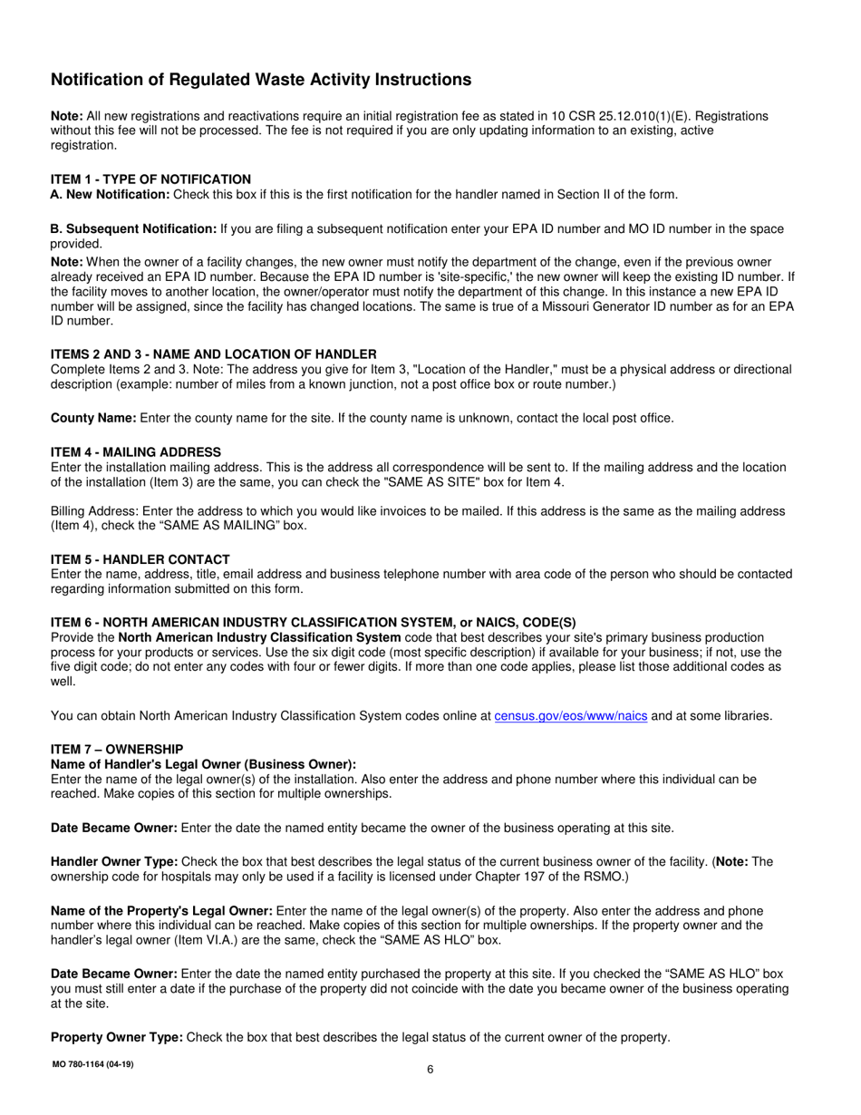 Form MO780-1164 Notification of Regulated Waste Activity - Missouri, Page 6