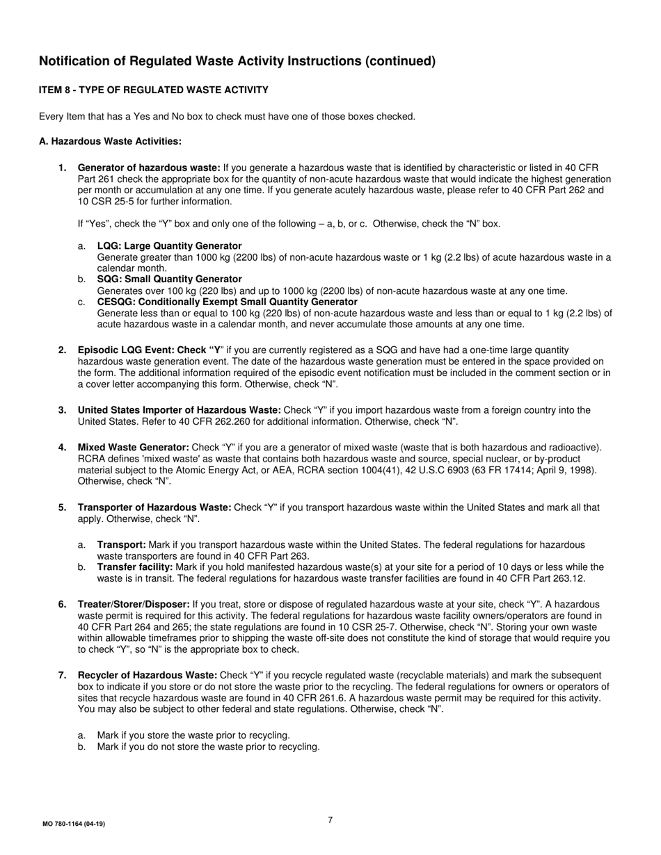 Form MO780-1164 Notification of Regulated Waste Activity - Missouri, Page 7
