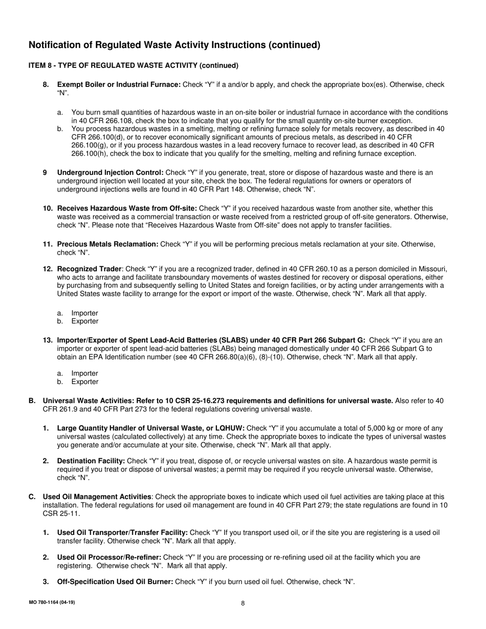 Form MO780-1164 Notification of Regulated Waste Activity - Missouri, Page 8
