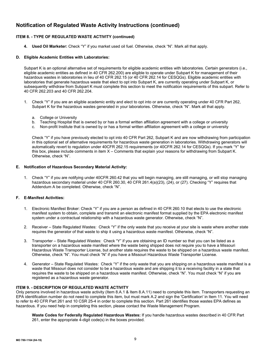 Form MO780-1164 Notification of Regulated Waste Activity - Missouri, Page 9