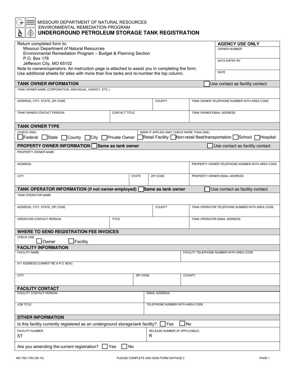 Form MO780-1782 Underground Petroleum Storage Tank Registration - Missouri, Page 1
