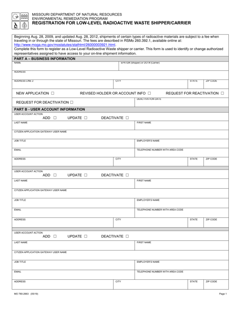 Form MO780-2663 Registration for Low-Level Radioactive Waste Shipper/Carrier - Missouri
