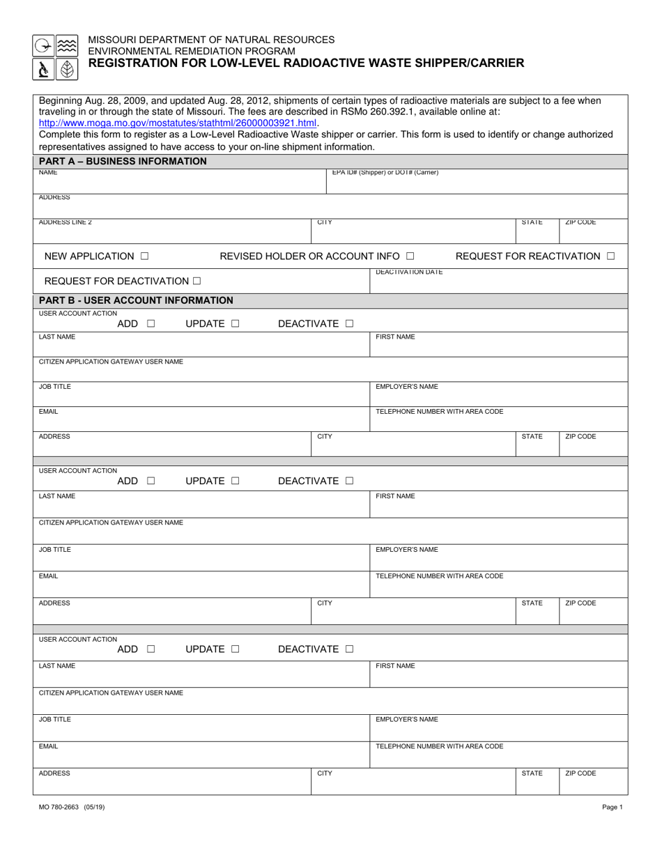 Form MO780-2663 Registration for Low-Level Radioactive Waste Shipper / Carrier - Missouri, Page 1