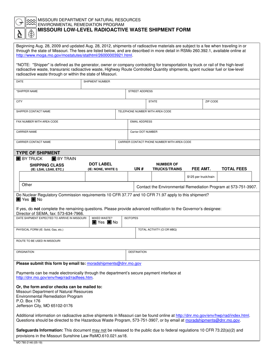 Form MO780-2146 Missouri Low-Level Radioactive Waste Shipment Form - Missouri, Page 1