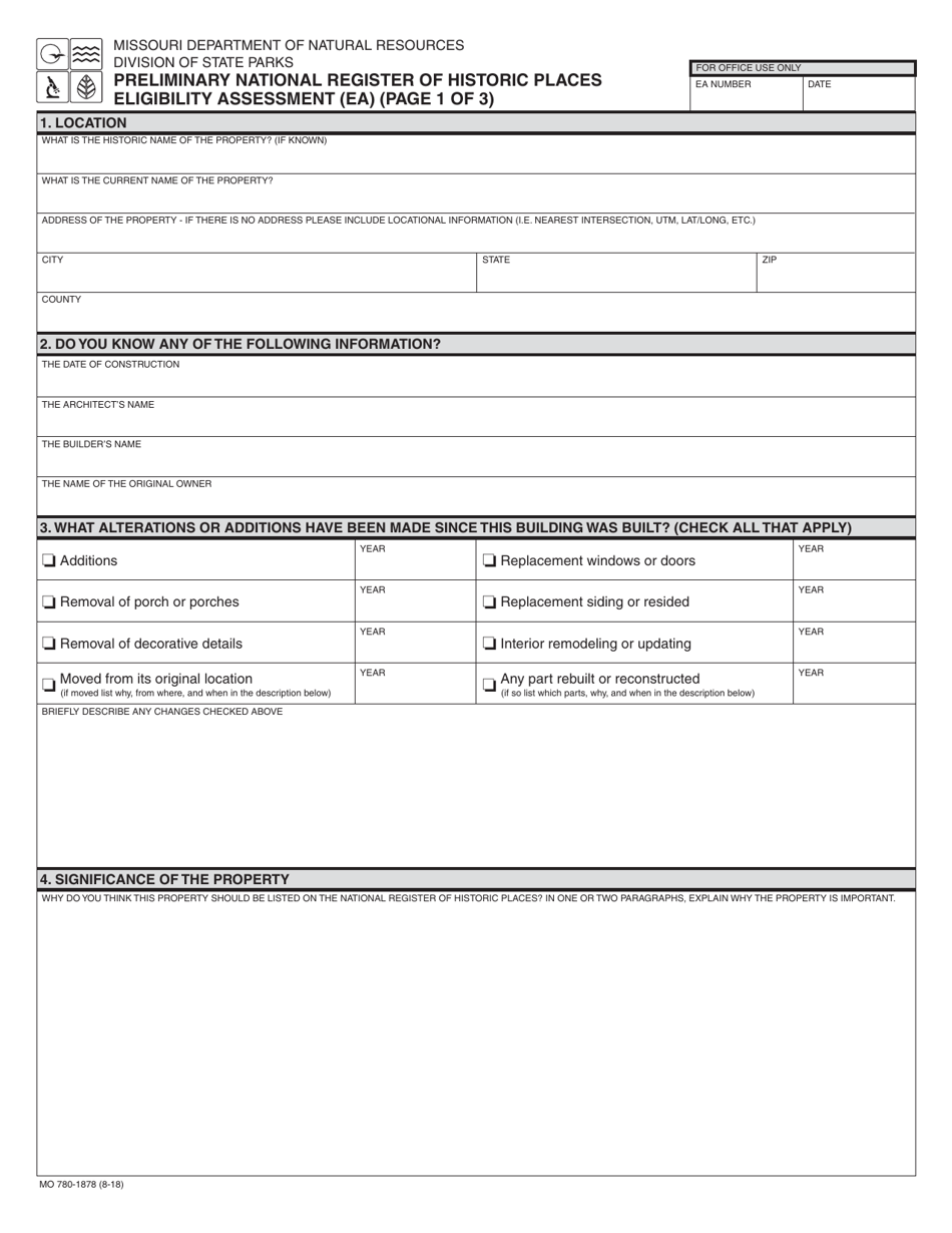 Form MO780-1878 Preliminary National Register of Historic Places Eligibility Assessment (Ea) - Missouri, Page 1
