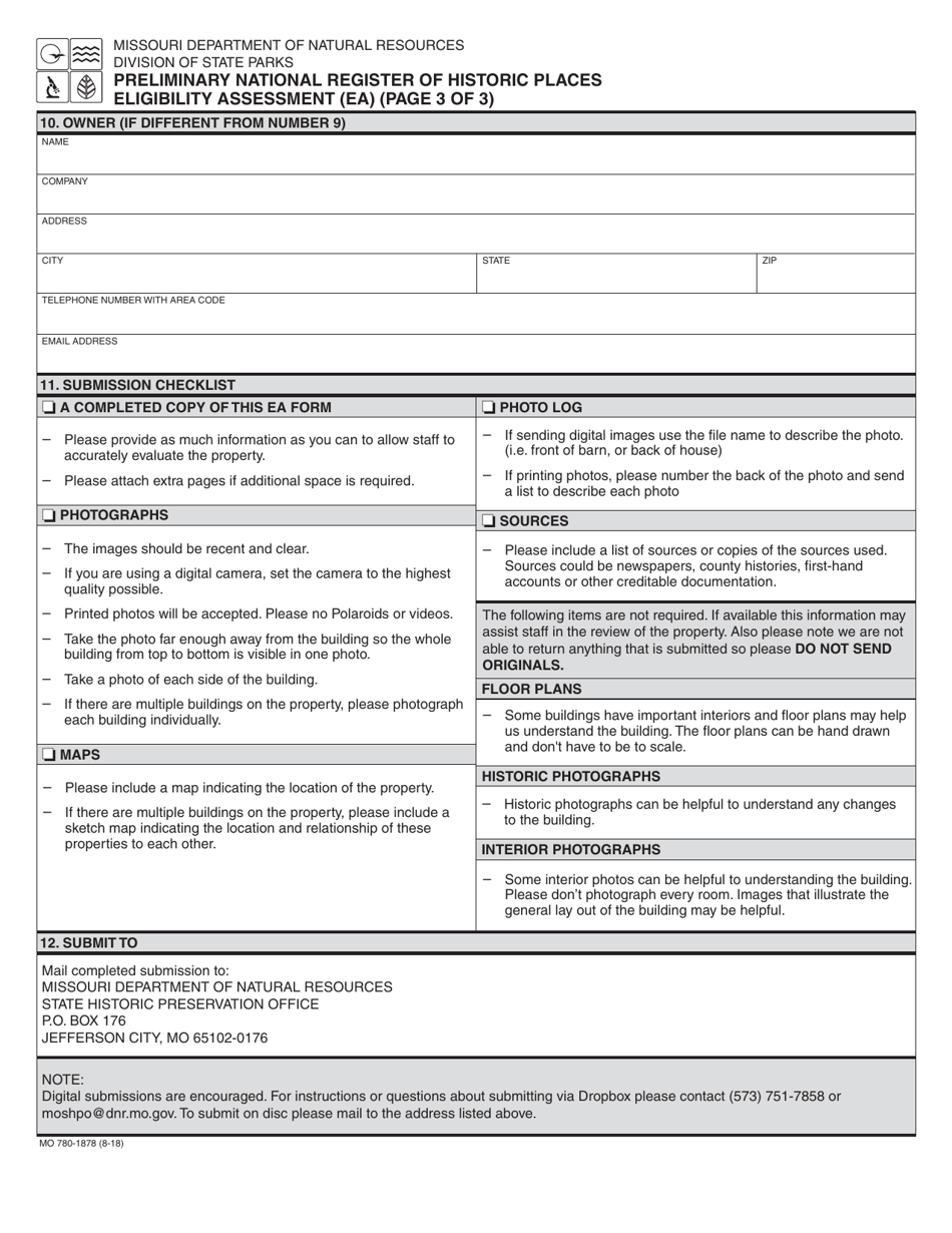 Form MO780-1878 Preliminary National Register of Historic Places Eligibility Assessment (Ea) - Missouri, Page 3