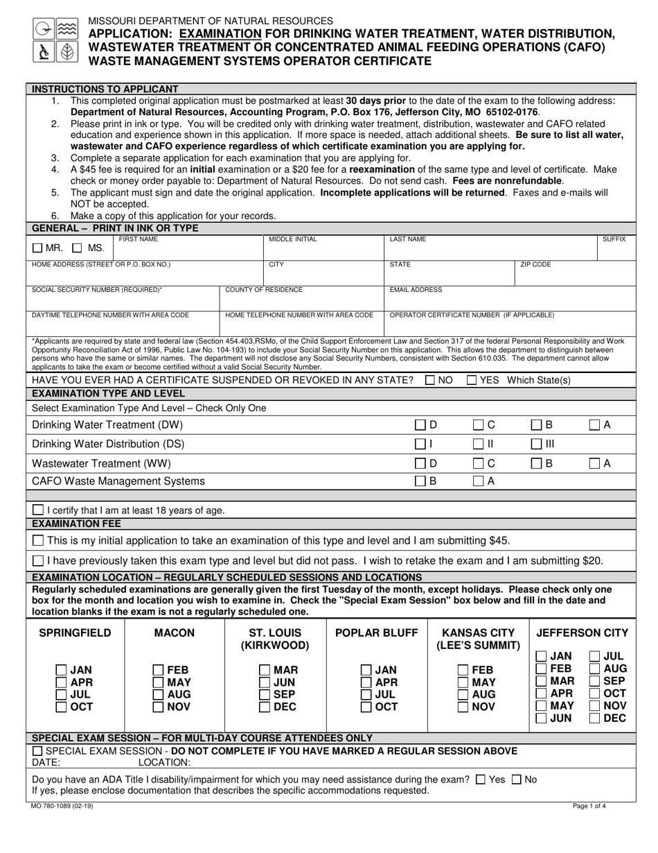 Form MO780-1089 Application: Examination for Drinking Water Treatment, Water Distribution, Wastewater Treatment or Concentrated Animal Feeding Operations (Cafo) Waste Management Systems Operator Certificate - Missouri, Page 1