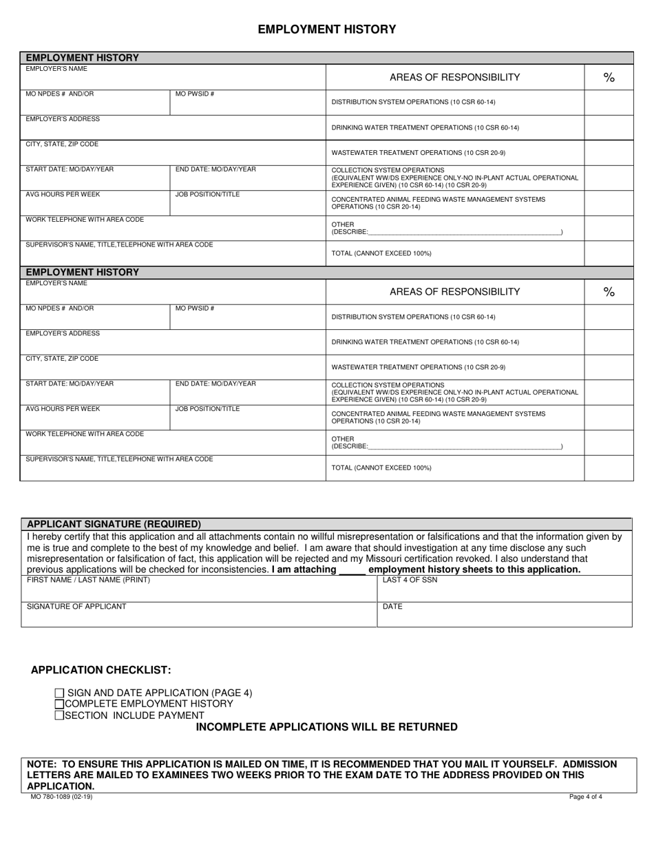 Form MO780-1089 Application: Examination for Drinking Water Treatment, Water Distribution, Wastewater Treatment or Concentrated Animal Feeding Operations (Cafo) Waste Management Systems Operator Certificate - Missouri, Page 4