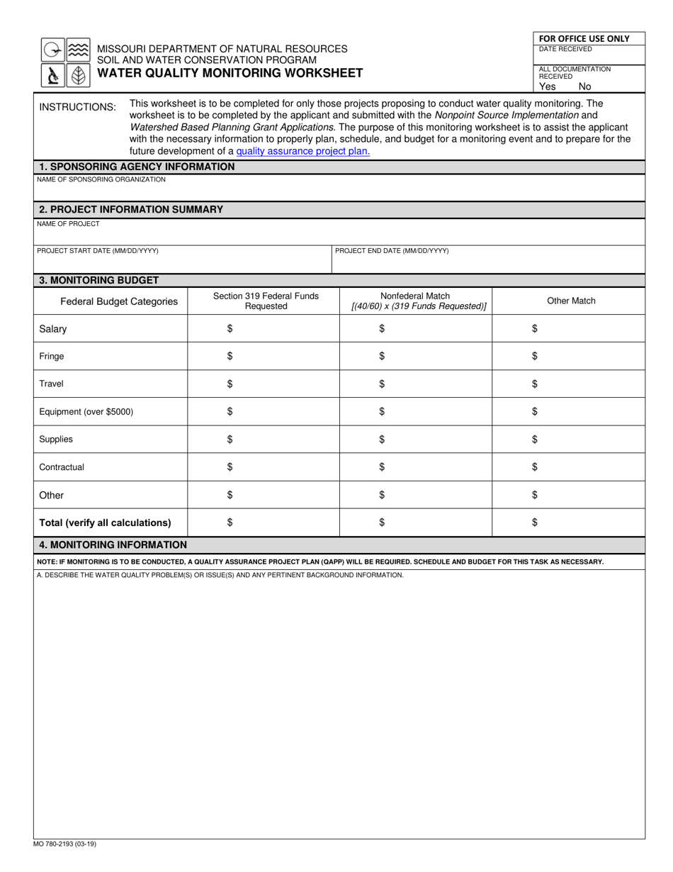 Form MO780-2193 Water Quality Monitoring Worksheet - Missouri, Page 1