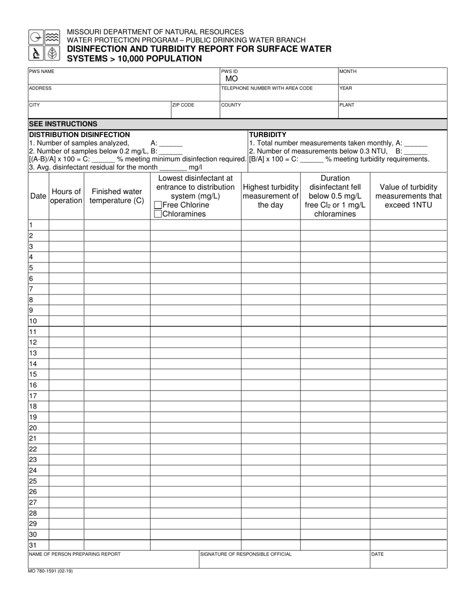 Form MO780-1591 Disinfection and Turbidity Report for Surface Water Systems 10,000 Population - Missouri, Page 1