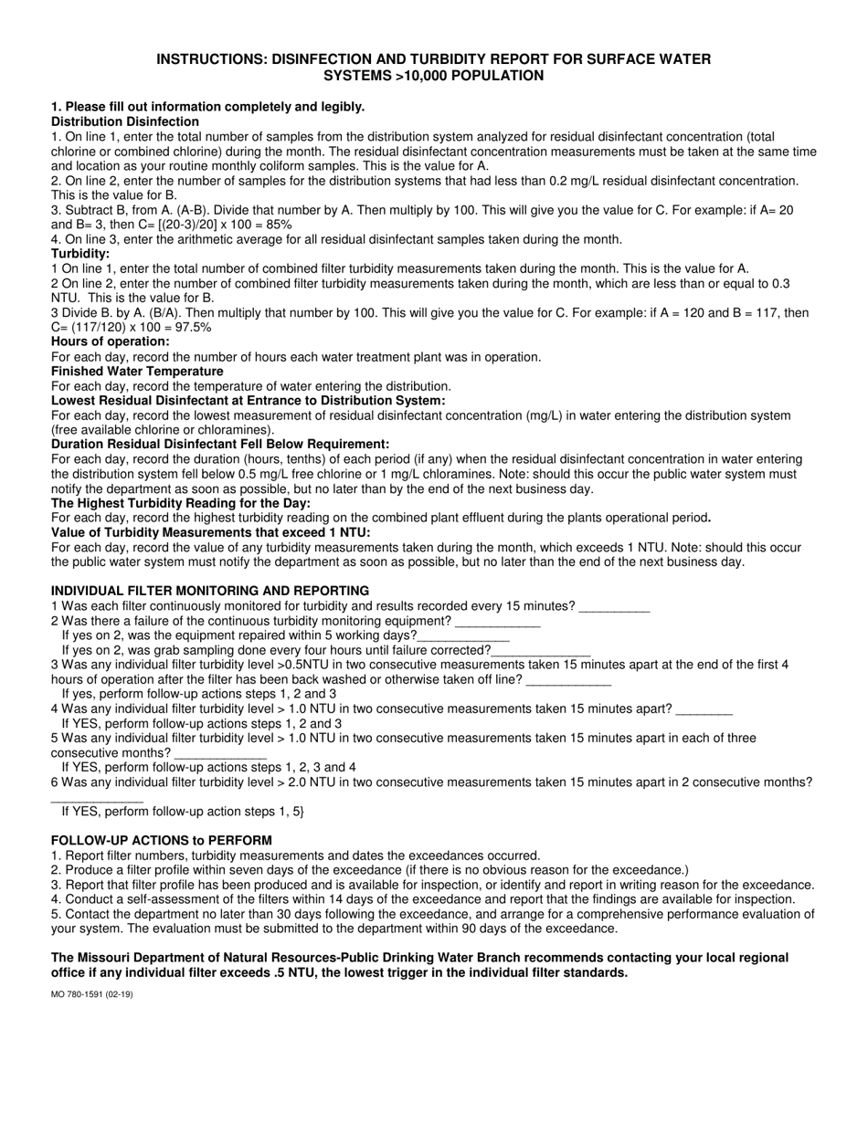 Form MO780-1591 Disinfection and Turbidity Report for Surface Water Systems 10,000 Population - Missouri, Page 2
