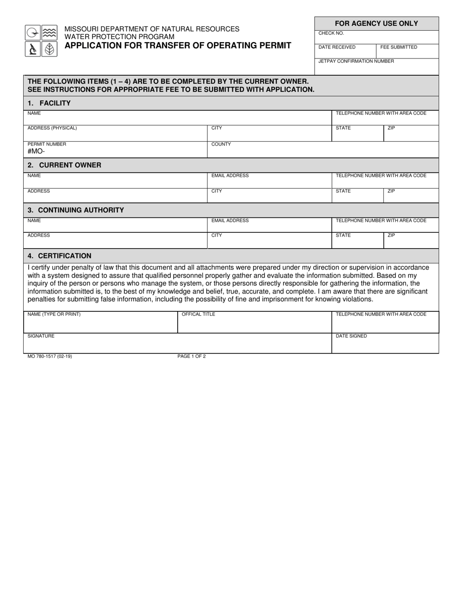 Form MO780-1517 Application for Transfer of Operating Permit - Missouri, Page 1