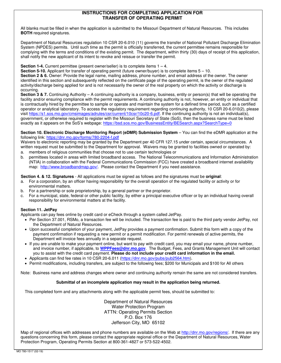 Form MO780-1517 Application for Transfer of Operating Permit - Missouri, Page 3