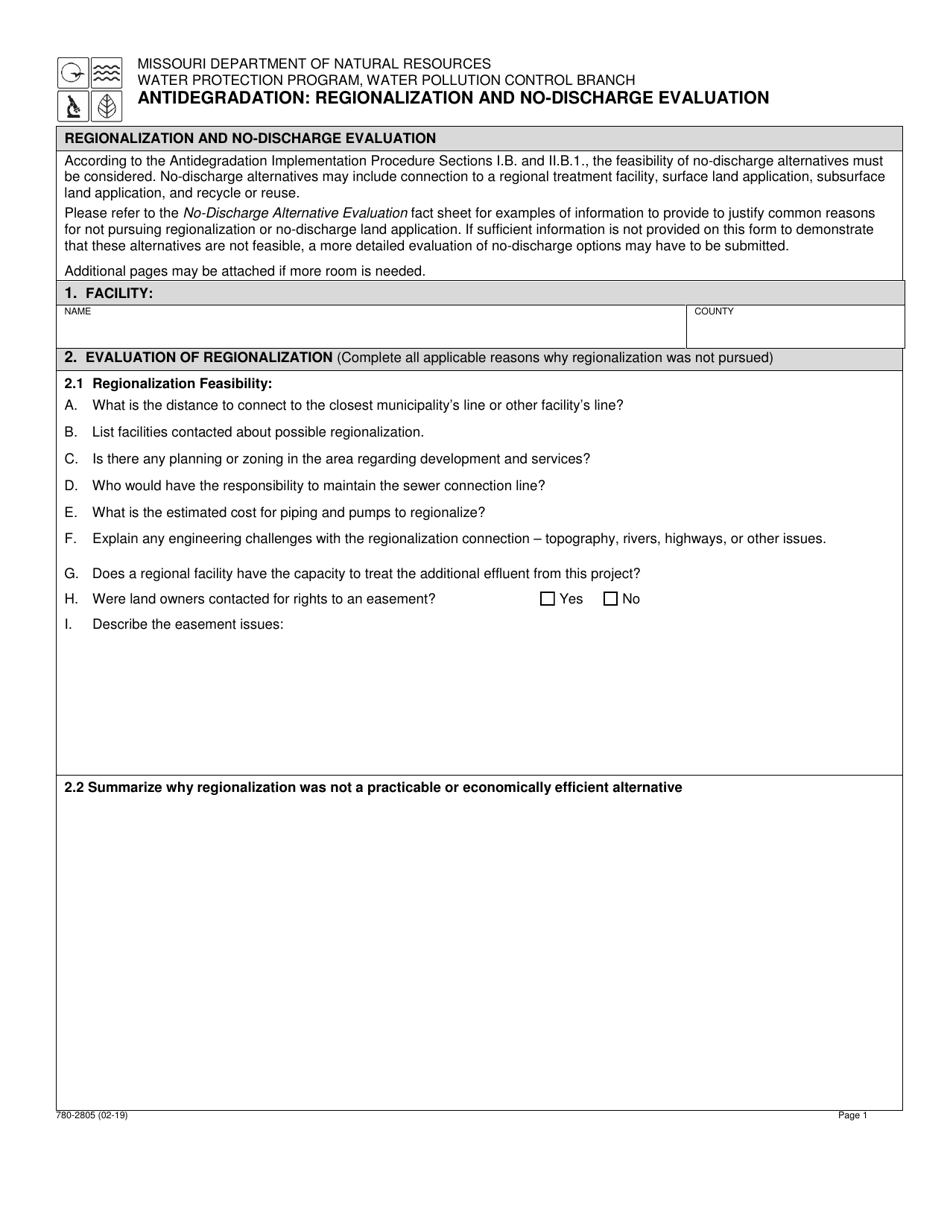 Form MO780-2805 Antidegradation: Regionalization and No-Discharge Evaluation - Missouri, Page 1