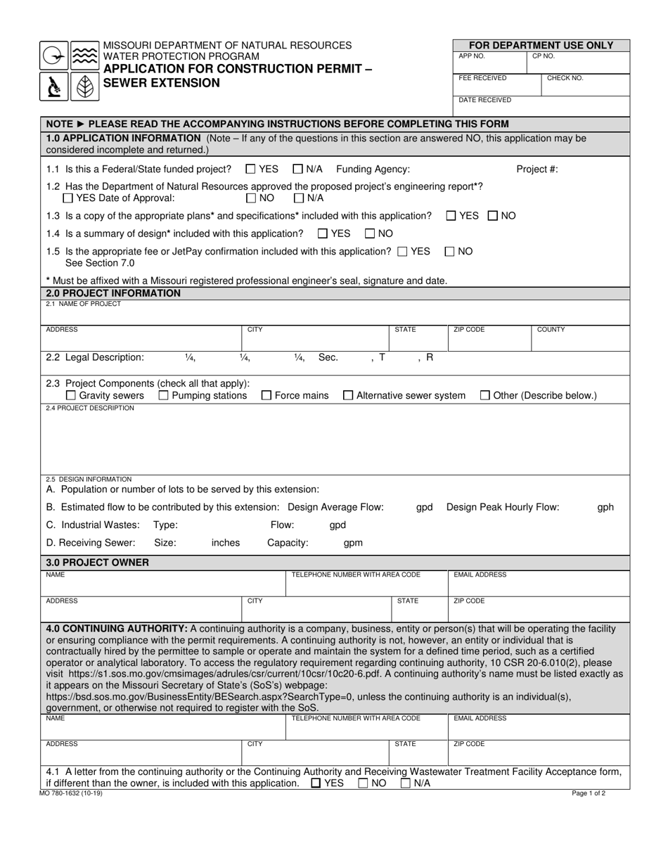 Form MO780-1632 Application for Construction Permit - Sewer Extension - Missouri, Page 1