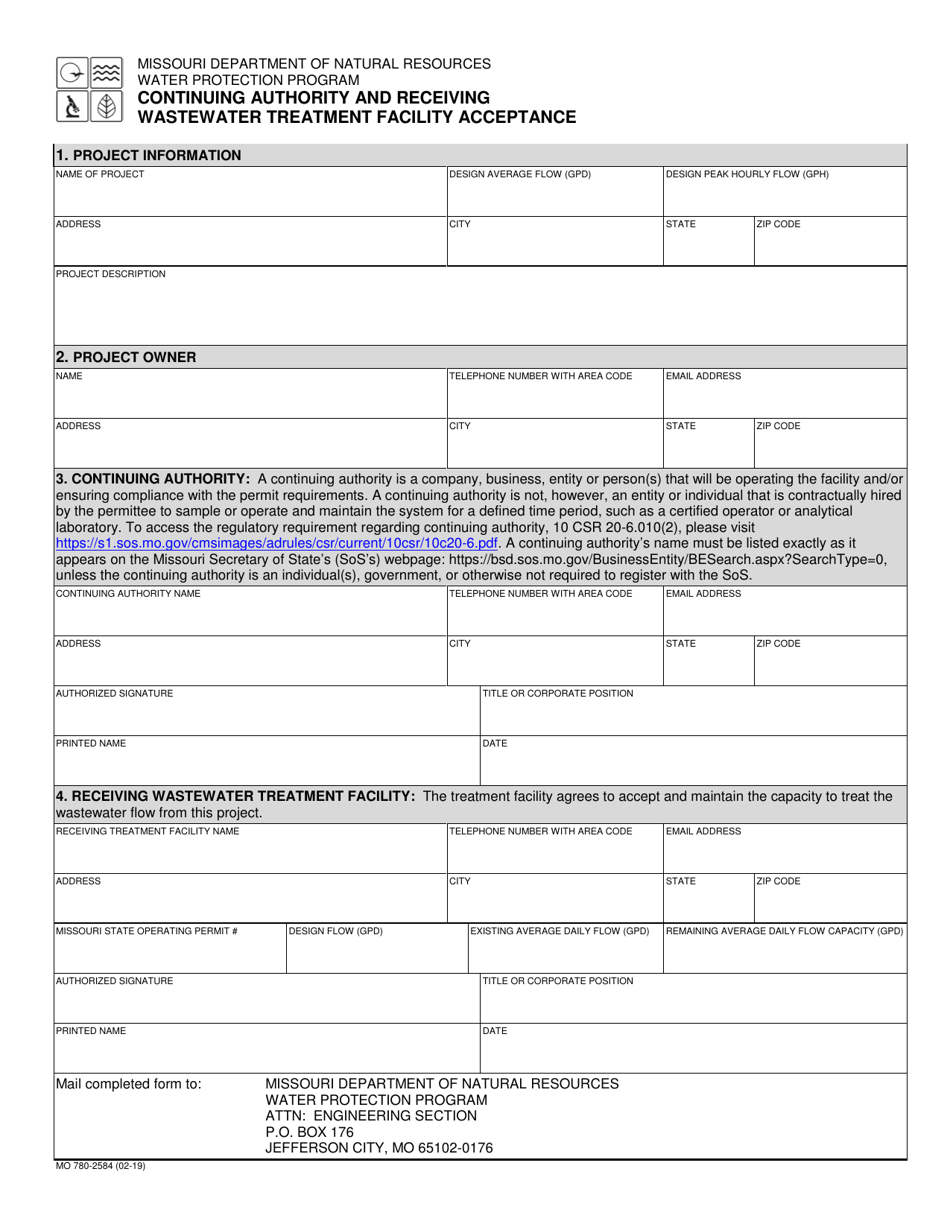 Form MO780-2584 Continuing Authority and Receiving Wastewater Treatment Facility Acceptance - Missouri, Page 1
