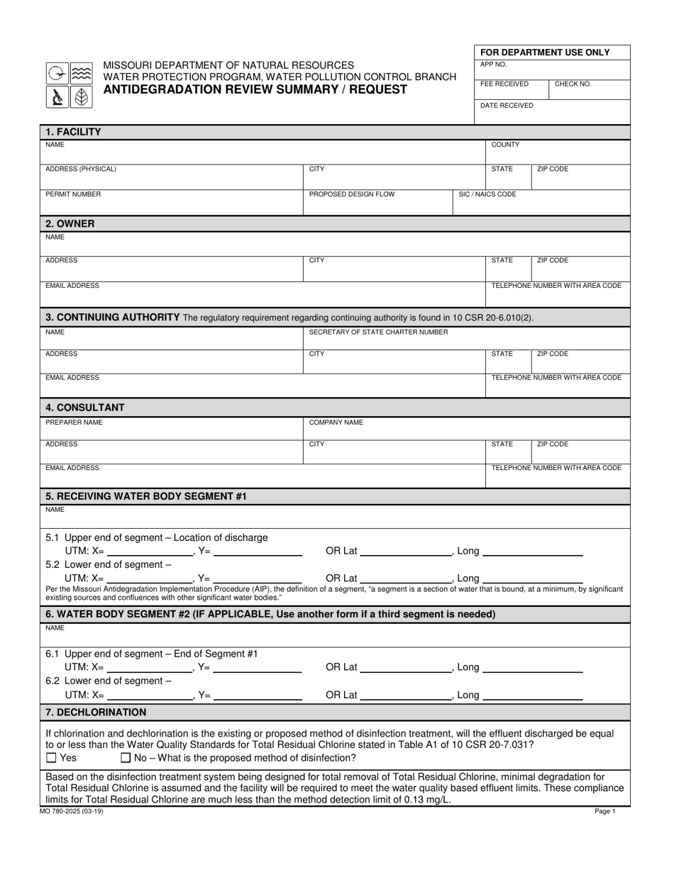 Form MO780-2025 Antidegradation Review Summary / Request - Missouri, Page 1