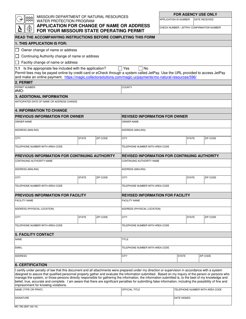 Form MO780-2697 Application for Change of Name or Address for Your Missouri State Operating Permit - Water Protection Program - Missouri, Page 1