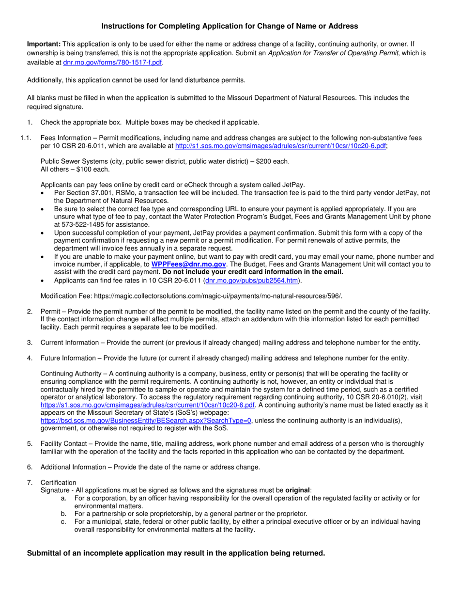 Form MO780-2697 Application for Change of Name or Address for Your Missouri State Operating Permit - Water Protection Program - Missouri, Page 2