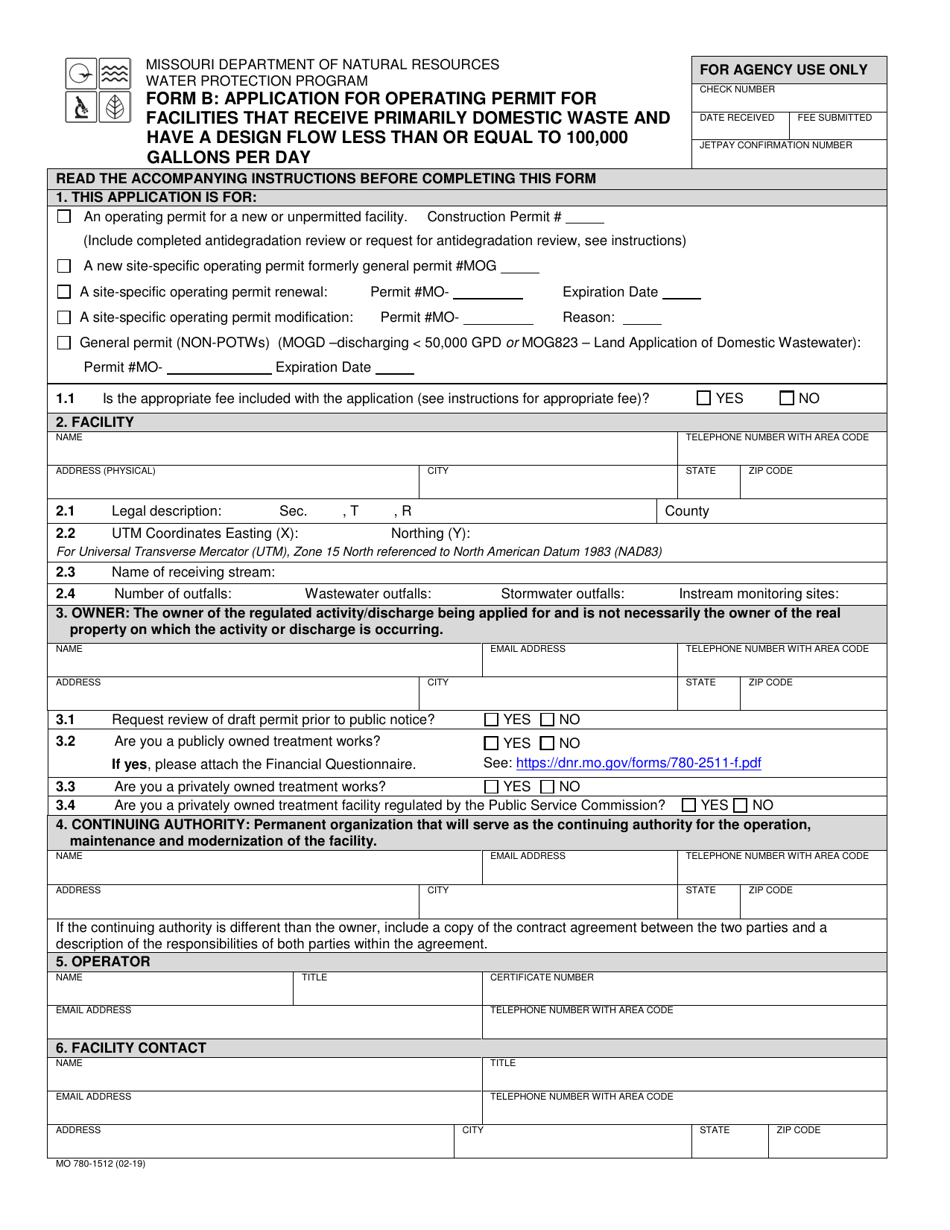 Form B (780-1512) Application for Operating Permit for Facilities That Receive Primarily Domestic Waste and Have a Design Flow Less Than or Equal to 100,000 Gallons Per Day - Missouri, Page 1