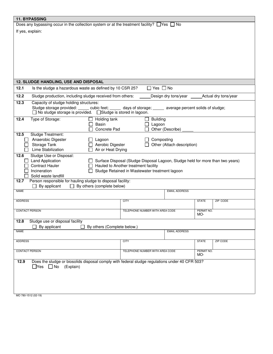 Form B (780-1512) Application for Operating Permit for Facilities That Receive Primarily Domestic Waste and Have a Design Flow Less Than or Equal to 100,000 Gallons Per Day - Missouri, Page 4