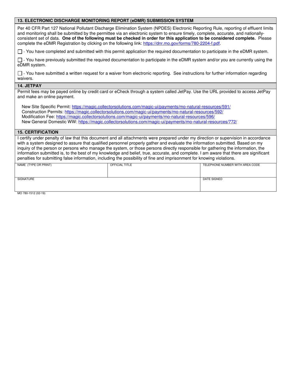 Form B (780-1512) Application for Operating Permit for Facilities That Receive Primarily Domestic Waste and Have a Design Flow Less Than or Equal to 100,000 Gallons Per Day - Missouri, Page 5