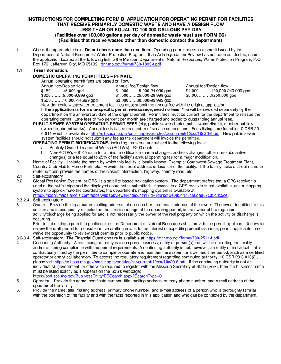 Form B (780-1512) Application for Operating Permit for Facilities That Receive Primarily Domestic Waste and Have a Design Flow Less Than or Equal to 100,000 Gallons Per Day - Missouri, Page 6