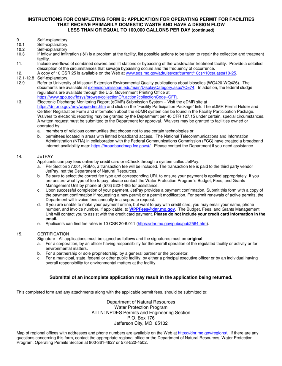 Form B (780-1512) Application for Operating Permit for Facilities That Receive Primarily Domestic Waste and Have a Design Flow Less Than or Equal to 100,000 Gallons Per Day - Missouri, Page 8