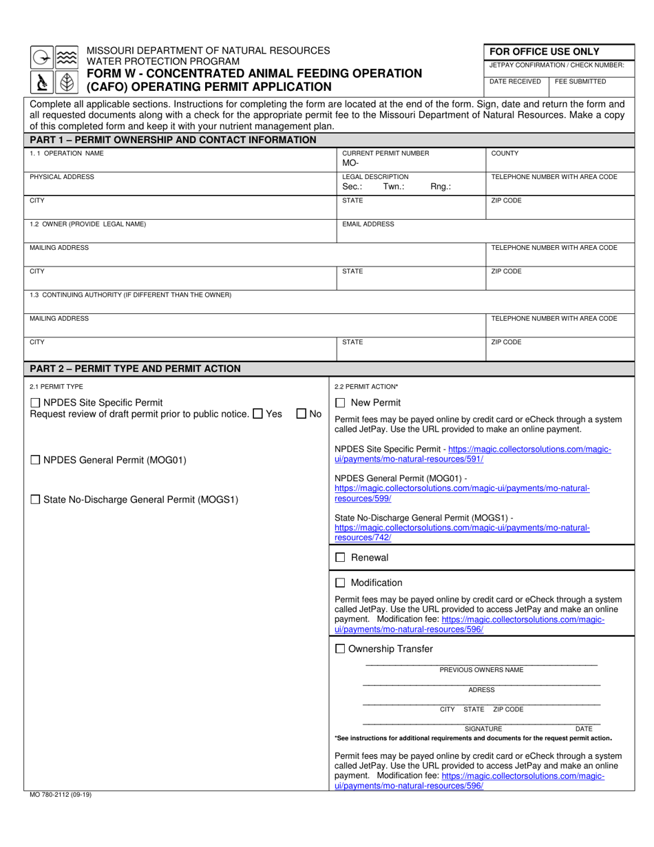 Form W (MO780-2112) Concentrated Animal Feeding Operation (Cafo) Operating Permit Application - Missouri, Page 1