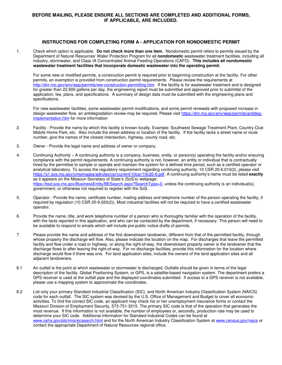 Form A (MO780-1479) Application for Nondomestic Permit Under Missouri Clean Water Law - Missouri, Page 3