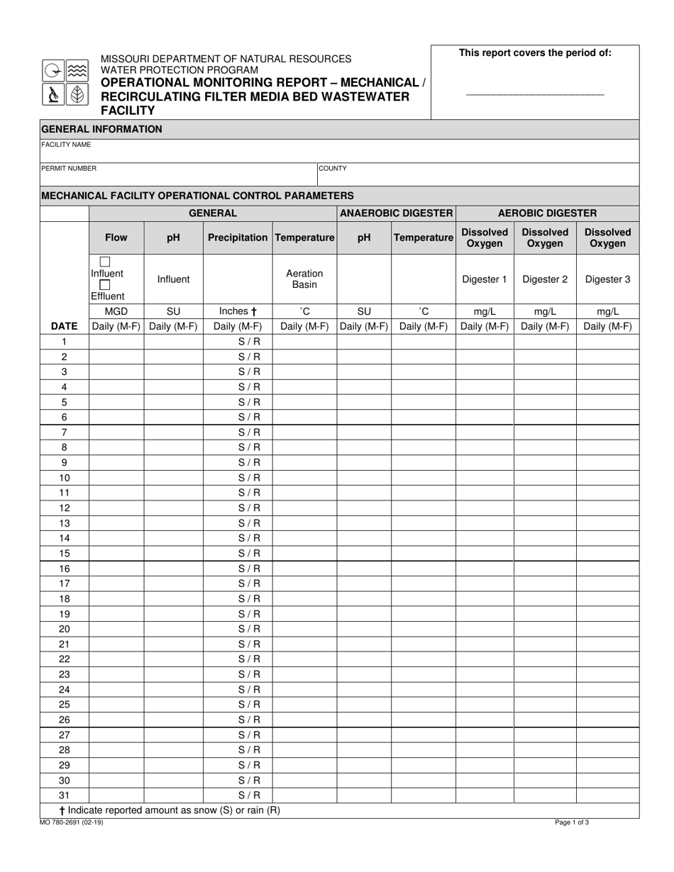 Form MO780-2800 Operational Monitoring Report - Mechanical / Recirculating Filter Media Bed Wastewater Facility - Missouri, Page 1