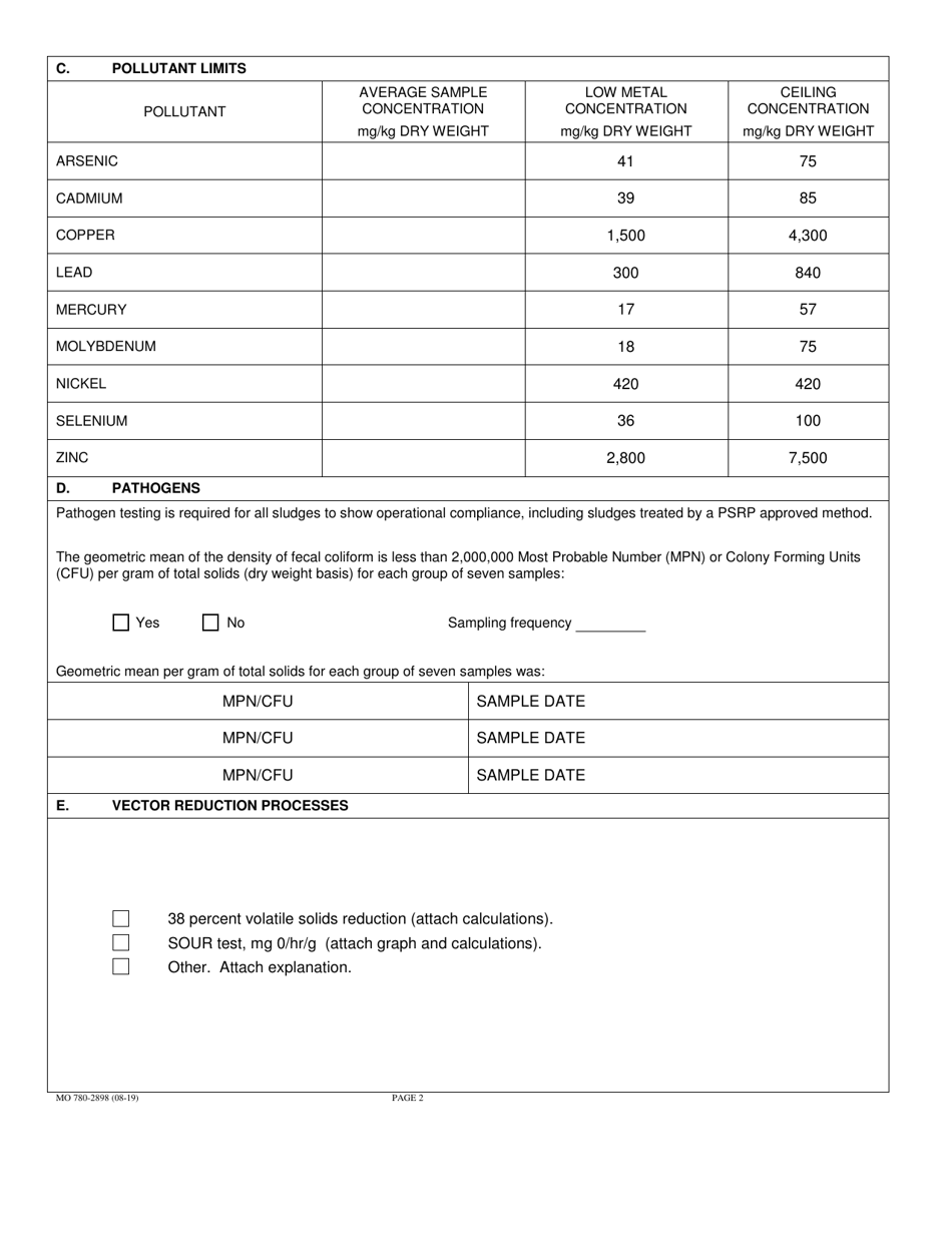 Form S (SA; MO780-2898) Section 2 Sludge Monitoring Results for Metals, Nutrients, Pathogens and Vectors - Missouri, Page 2