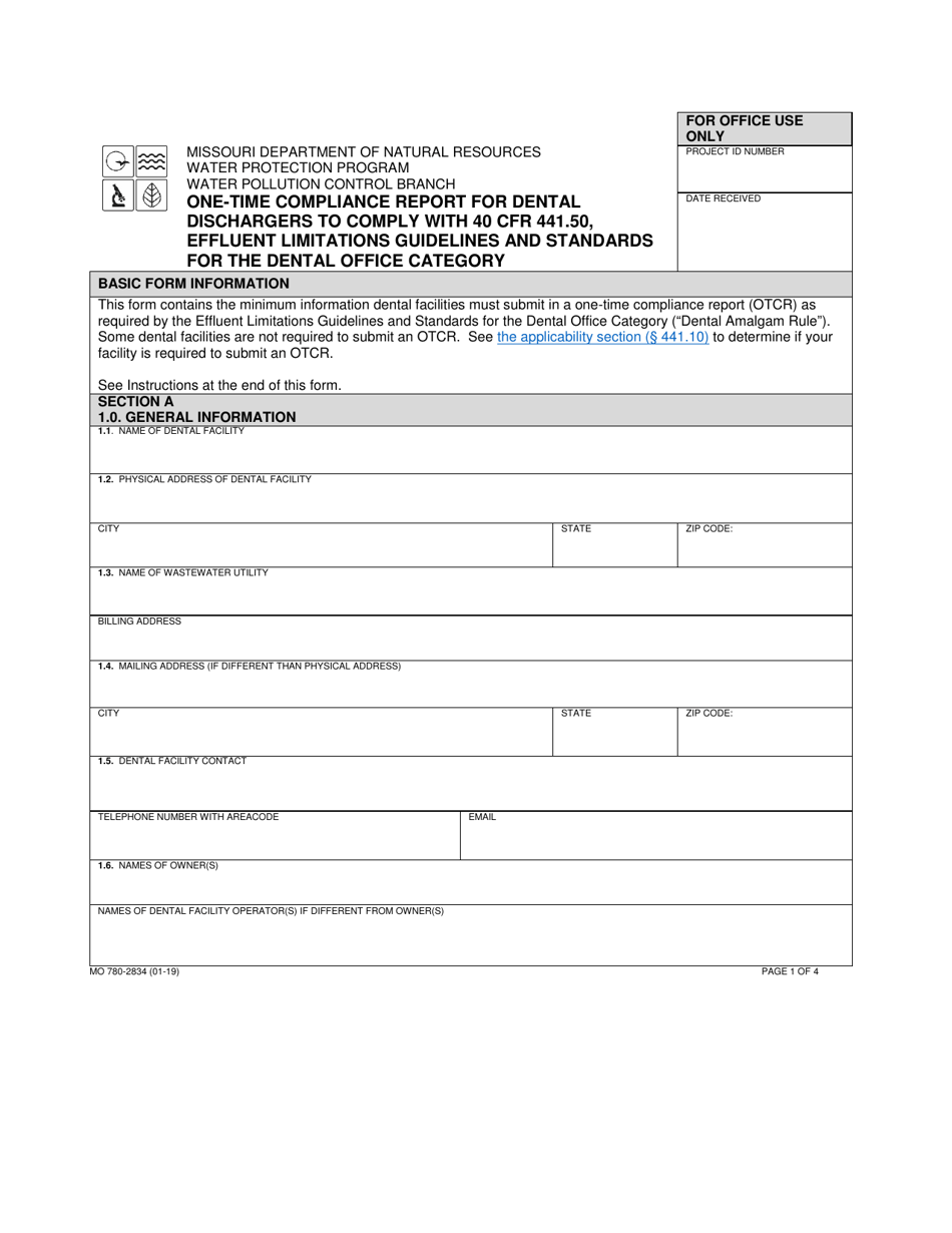 Form MO780-2834 One-Time Compliance Report for Dental Discharges to Comply With 40 Cfr 441.50, Effluent Limitations Guidelines and Standards for Dental Office Category - Missouri, Page 1