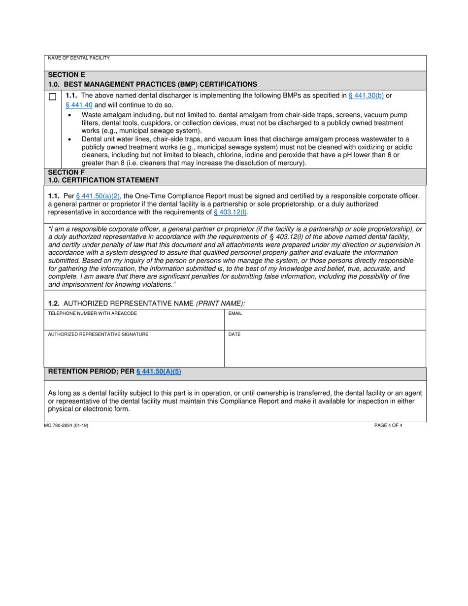 Form MO780-2834 One-Time Compliance Report for Dental Discharges to Comply With 40 Cfr 441.50, Effluent Limitations Guidelines and Standards for Dental Office Category - Missouri, Page 4