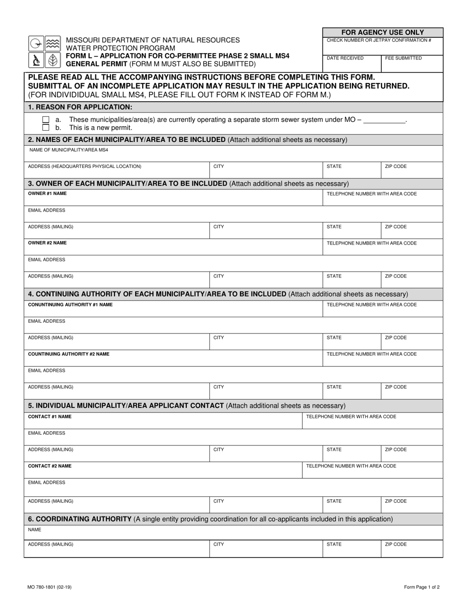 Form L (MO780-1801) Application for Co-permittee Phase 2 Small Ms4 General Permit - Missouri, Page 1