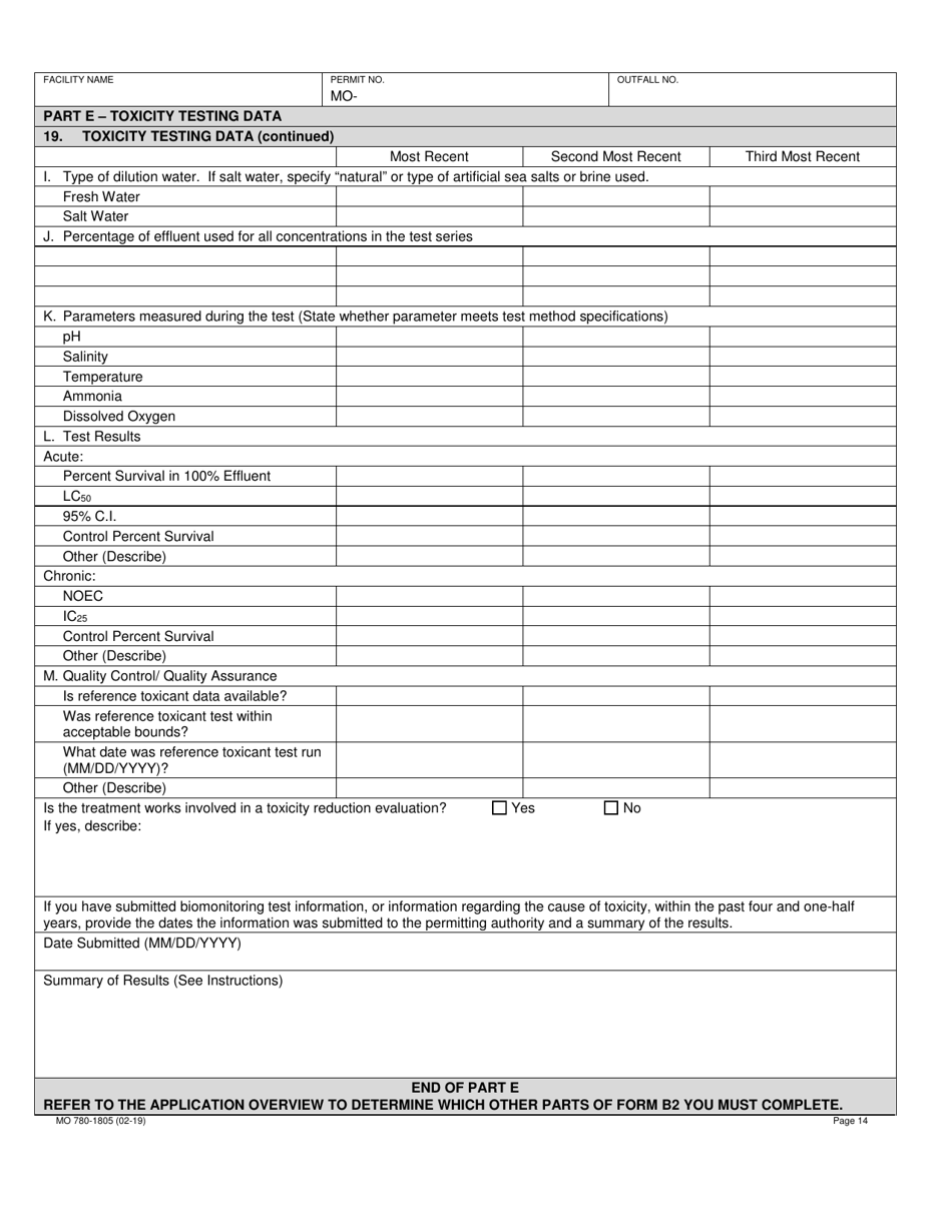 Form B2 (MO780-1805) Application for Operating Permit for Facilities That Receive Primarily Domestic Waste and Have a Design Flow More Than 100,000 Gallons Per Day - Missouri, Page 14