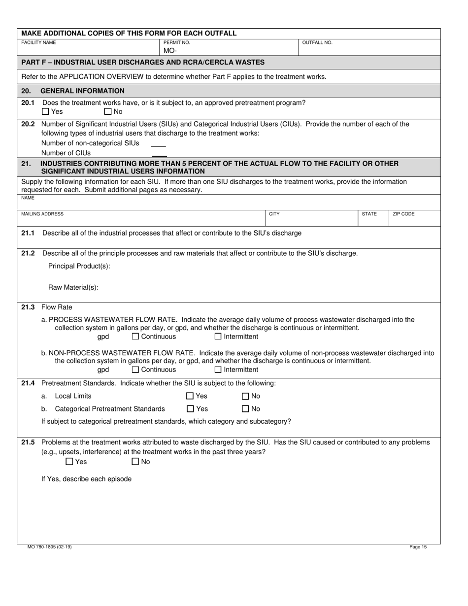 Form B2 (MO780-1805) Application for Operating Permit for Facilities That Receive Primarily Domestic Waste and Have a Design Flow More Than 100,000 Gallons Per Day - Missouri, Page 15