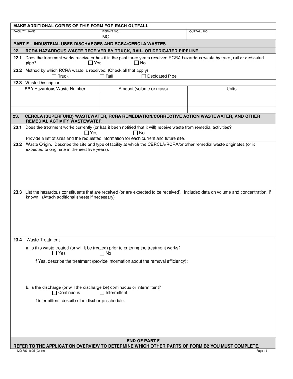 Form B2 (MO780-1805) Application for Operating Permit for Facilities That Receive Primarily Domestic Waste and Have a Design Flow More Than 100,000 Gallons Per Day - Missouri, Page 16