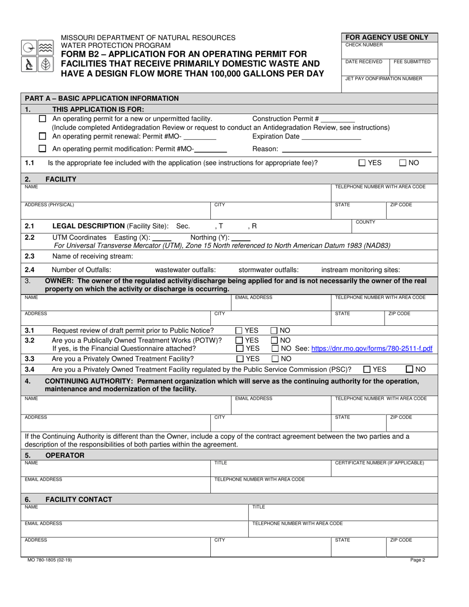 Form B2 (MO780-1805) Application for Operating Permit for Facilities That Receive Primarily Domestic Waste and Have a Design Flow More Than 100,000 Gallons Per Day - Missouri, Page 2