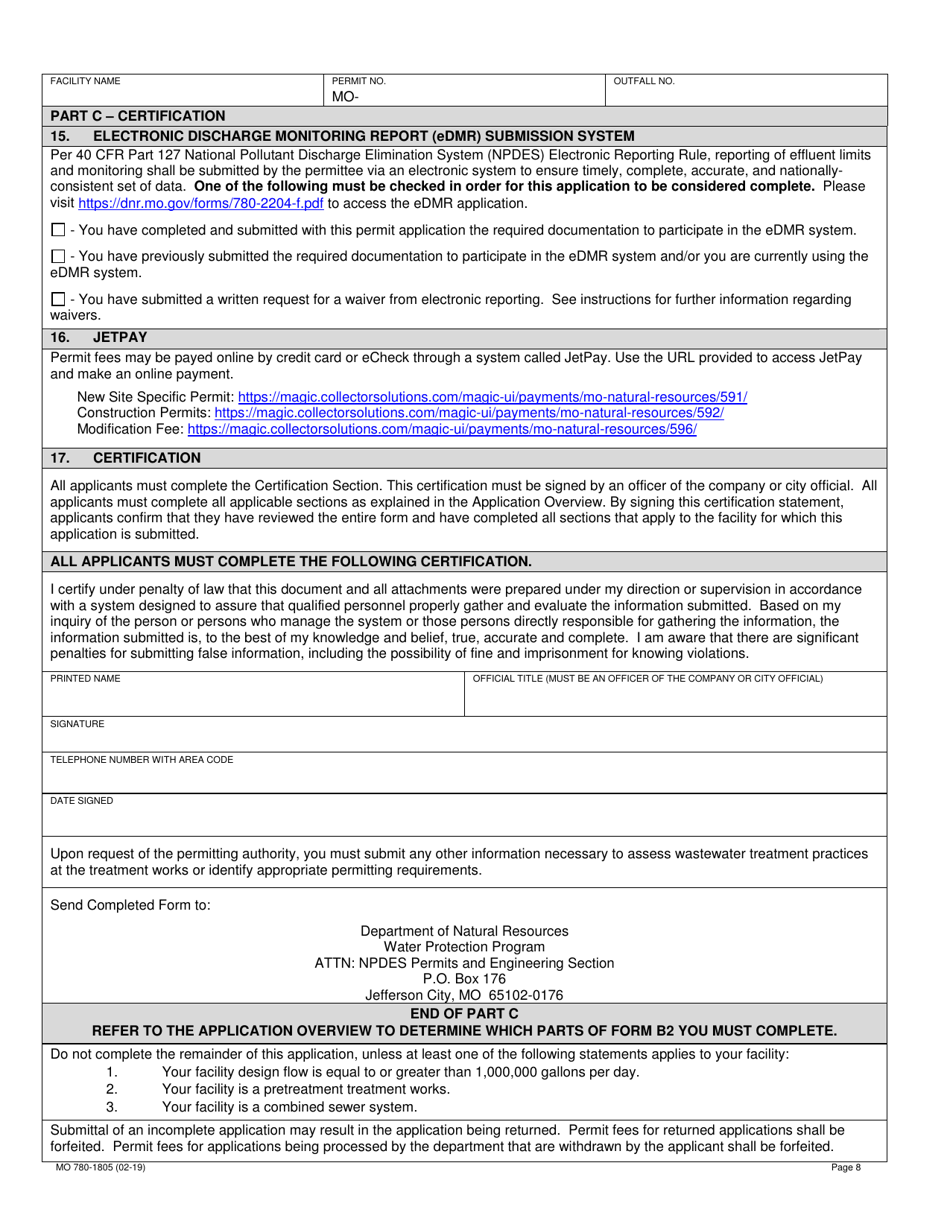 Form B2 (MO780-1805) Application for Operating Permit for Facilities That Receive Primarily Domestic Waste and Have a Design Flow More Than 100,000 Gallons Per Day - Missouri, Page 8