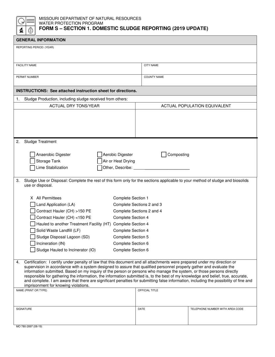 Form S (MO780-2897) Section 1 Domestic Sludge Reporting - Missouri, Page 1