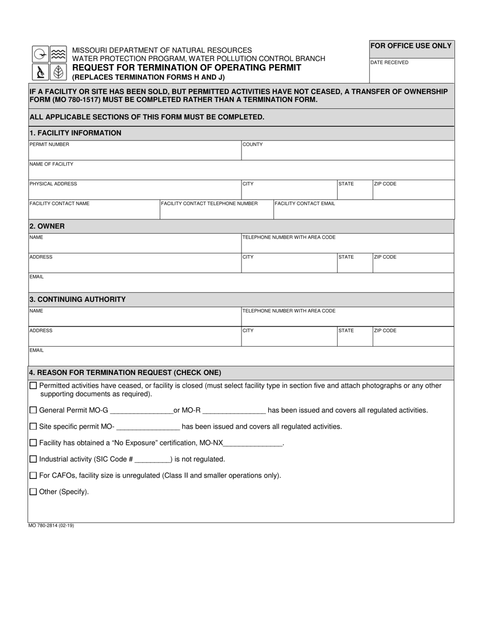 Form MO780-2814 Request for Termination of Operating Permit (Replaces Termination Forms H and J) - Missouri, Page 1