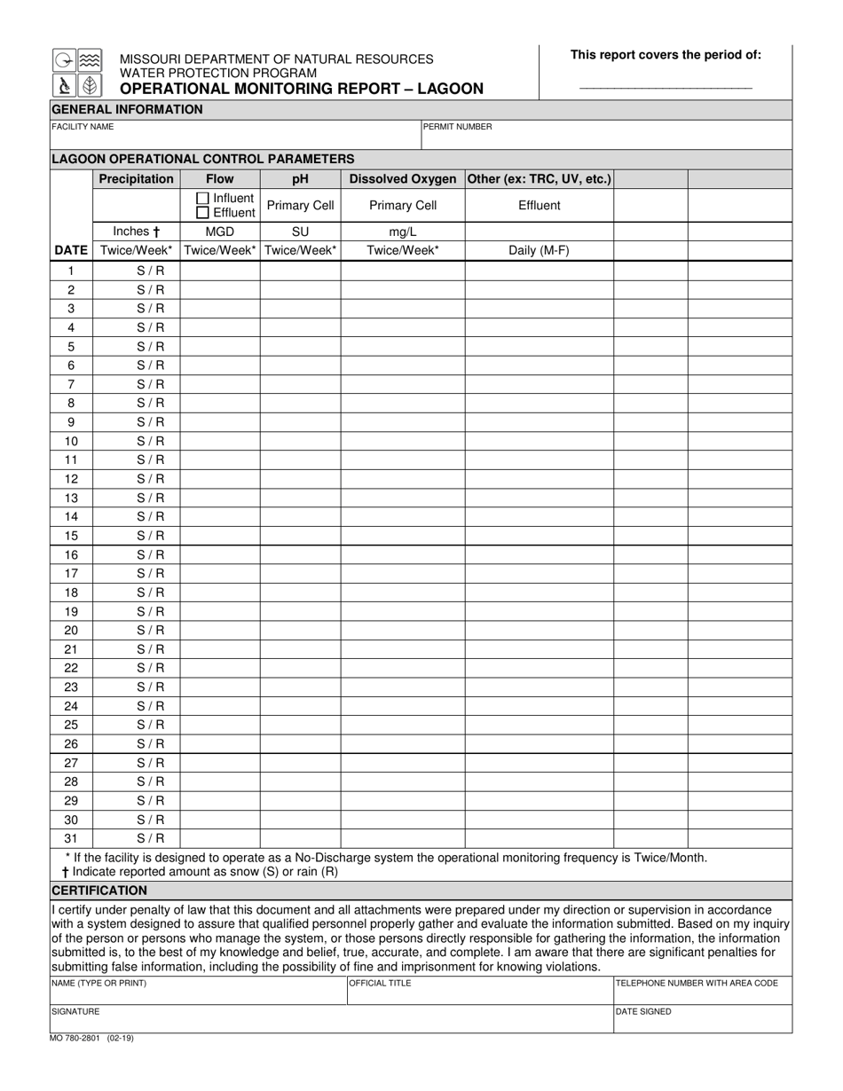 Form MO780-2801 Operational Monitoring Report - Lagoon - Missouri, Page 1