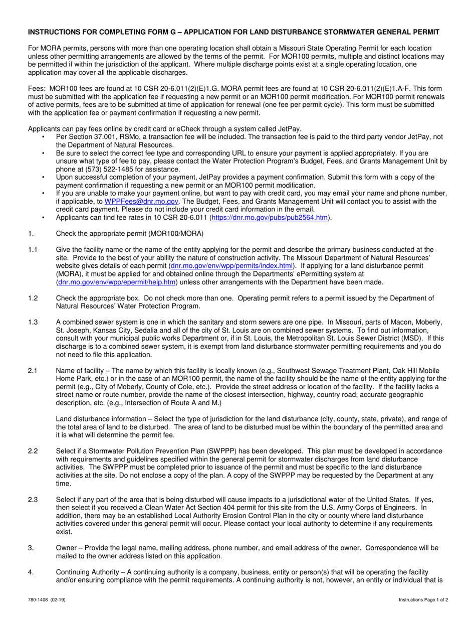 Form G (MO780-1408) Application for Land Disturbance Stormwater General Permit (Mor100 and Mora) - Missouri, Page 3