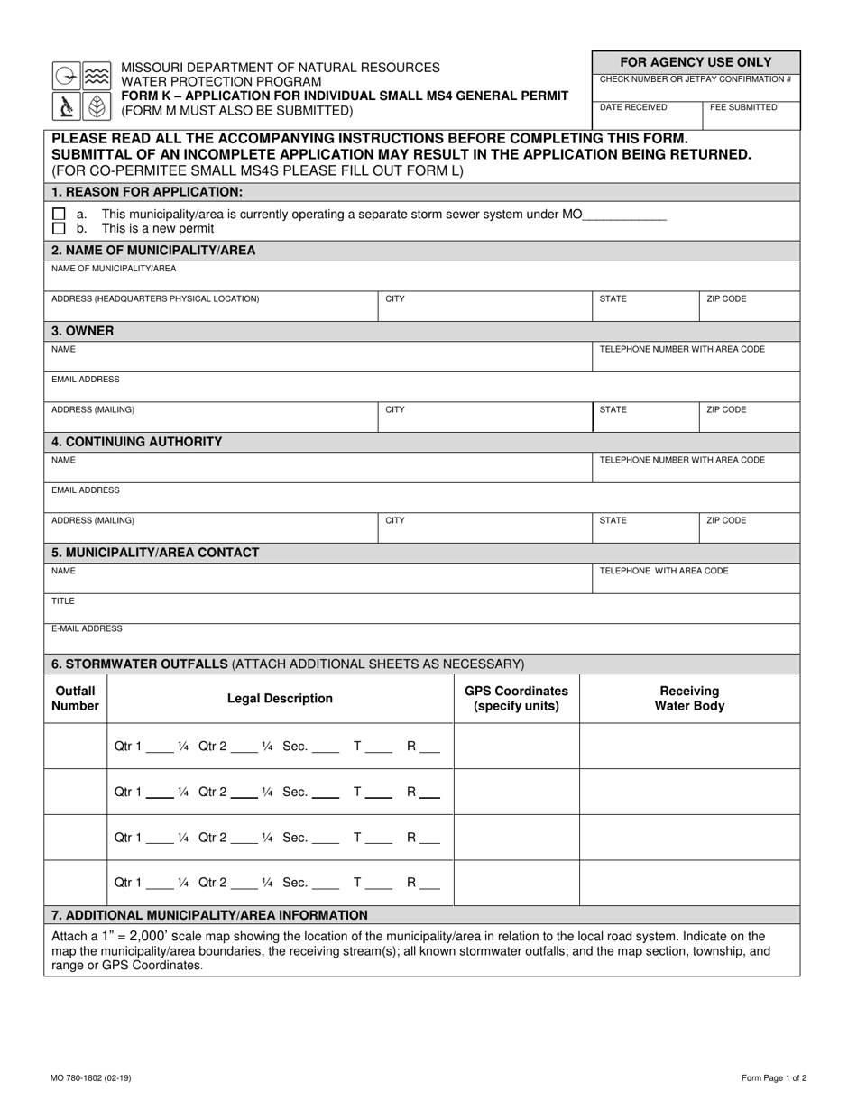 Form K (MO780-1802) Application for Individual Small Ms4 General Permit - Missouri, Page 1