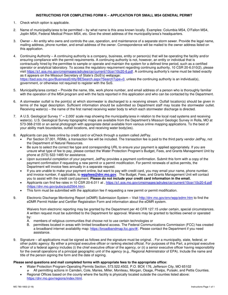 Form K (MO780-1802) Application for Individual Small Ms4 General Permit - Missouri, Page 3