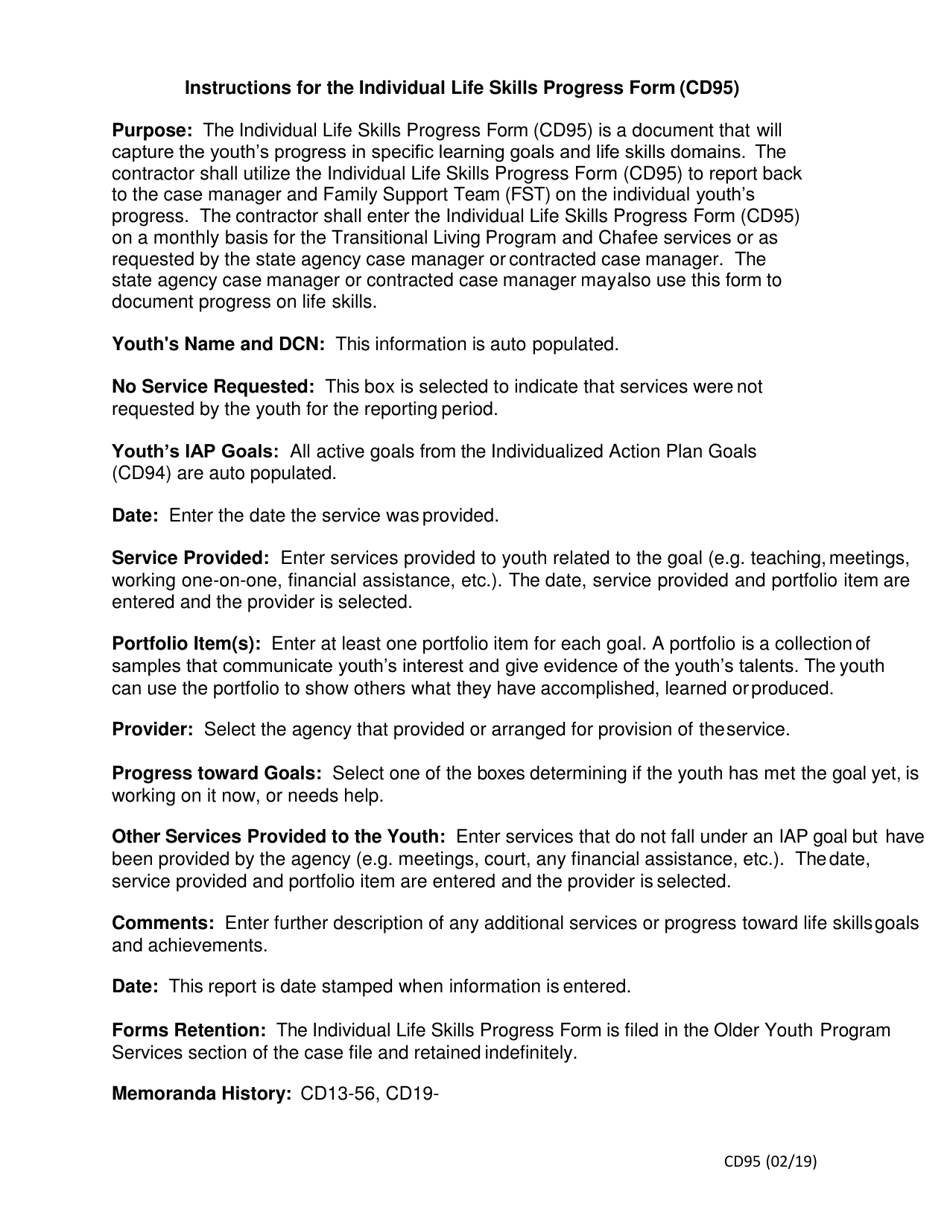 Instructions for Form CD-95 Individual Life Skills Progress Form - Missouri, Page 1