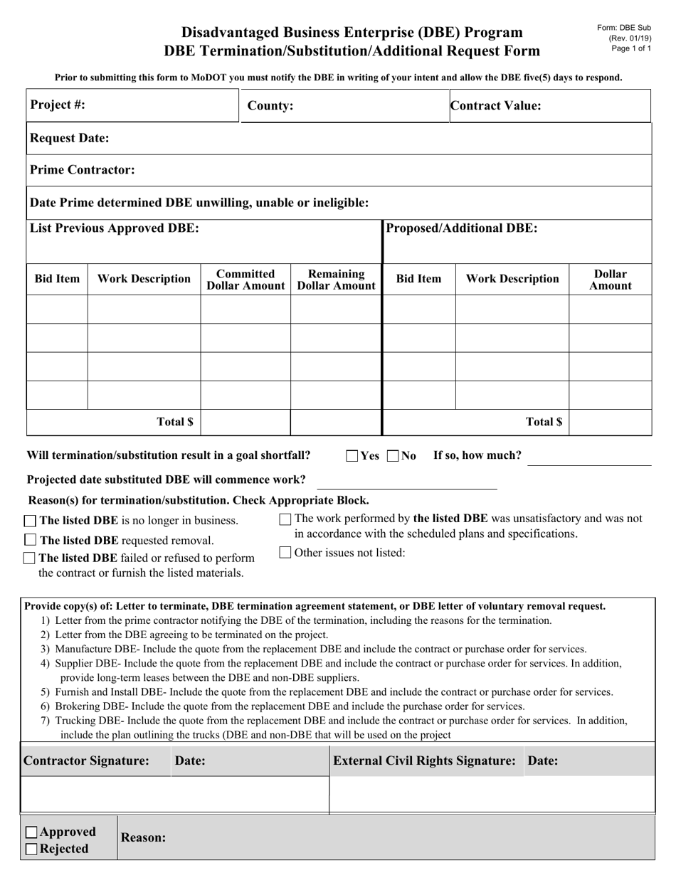 Form DBE SUB Dbe Termination / Substitution / Additional Request Form - Missouri, Page 1