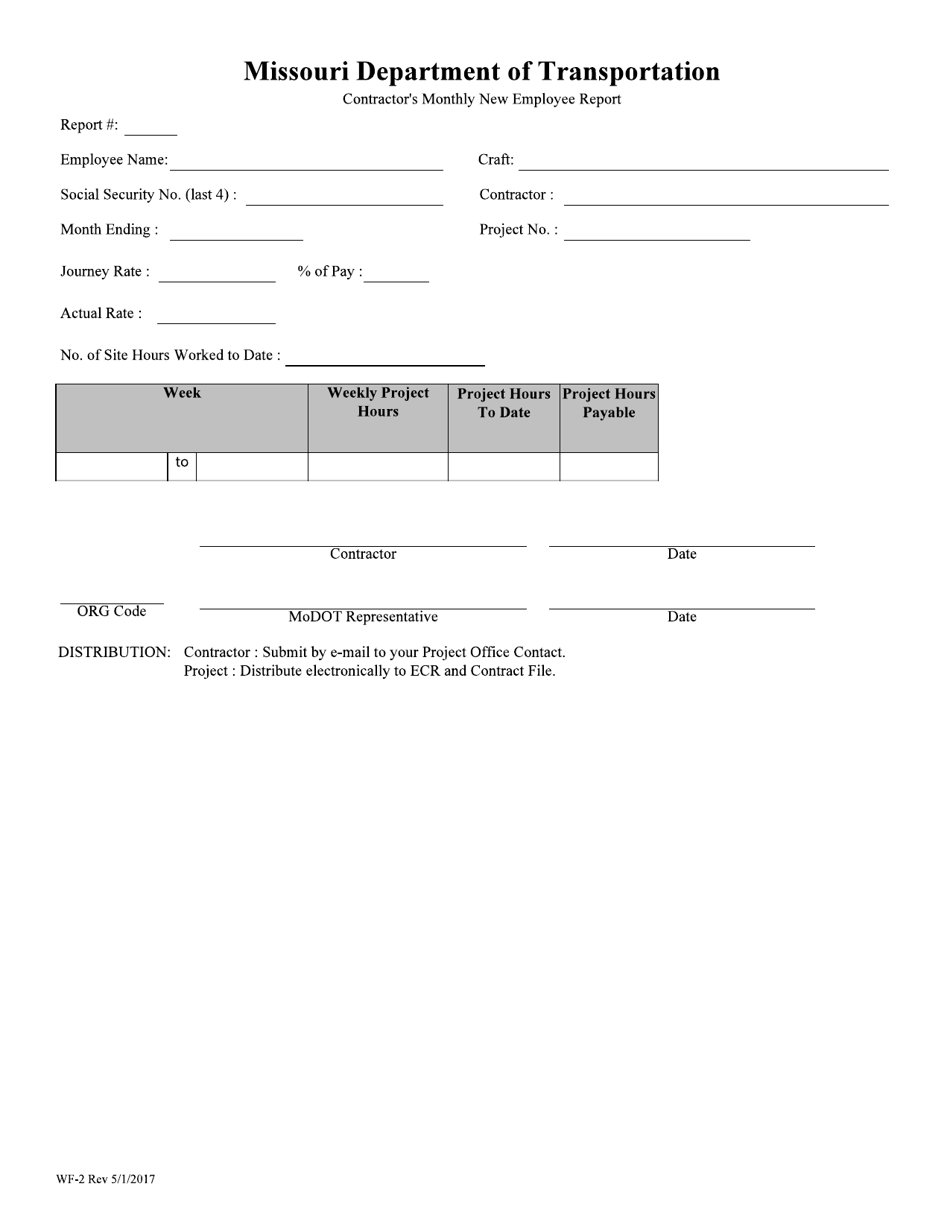 Form WF-2 (OJT-2) Contractors Monthly New Employee Report - Missouri, Page 1