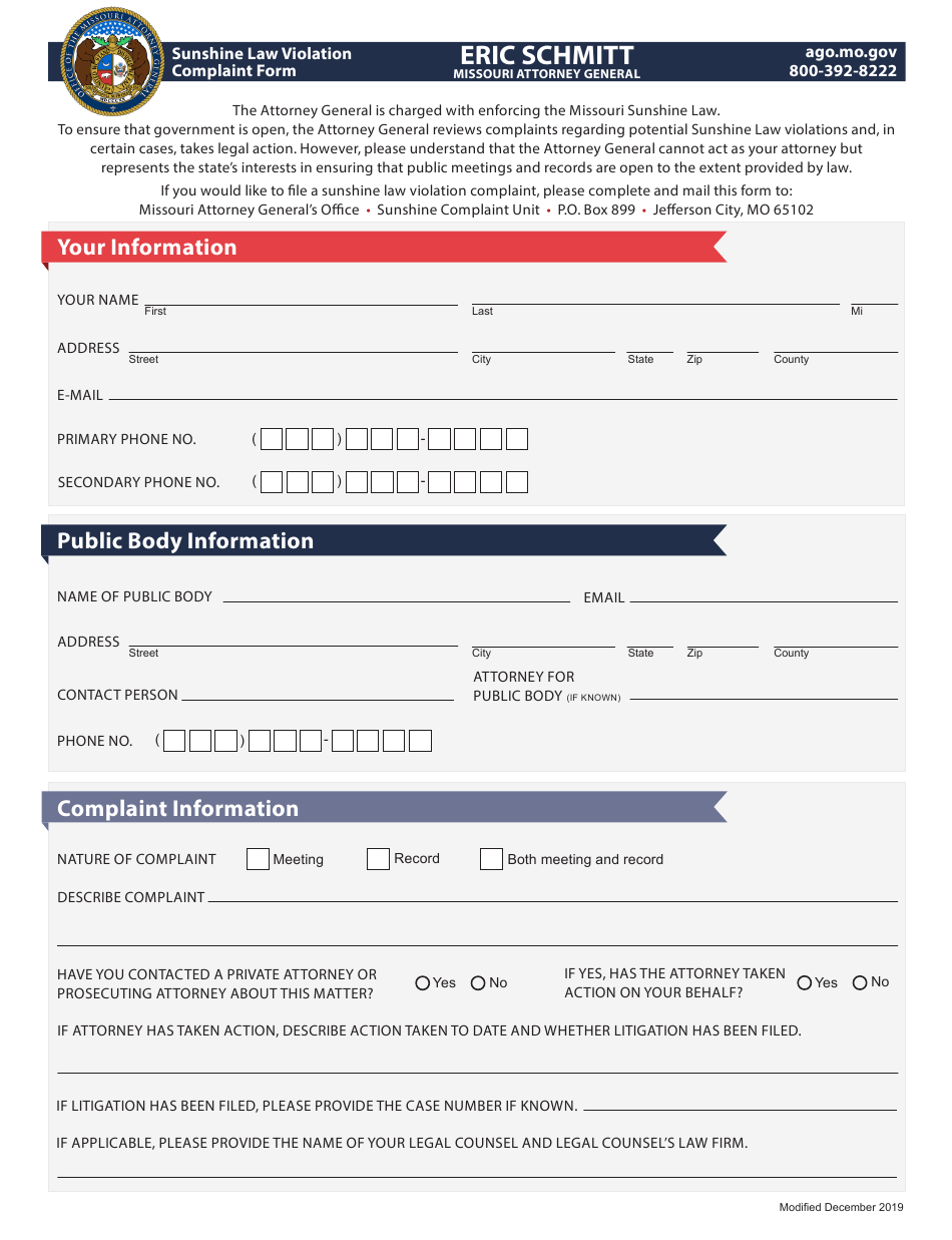 Missouri Sunshine Law Violation Complaint Form Download Fillable PDF ...